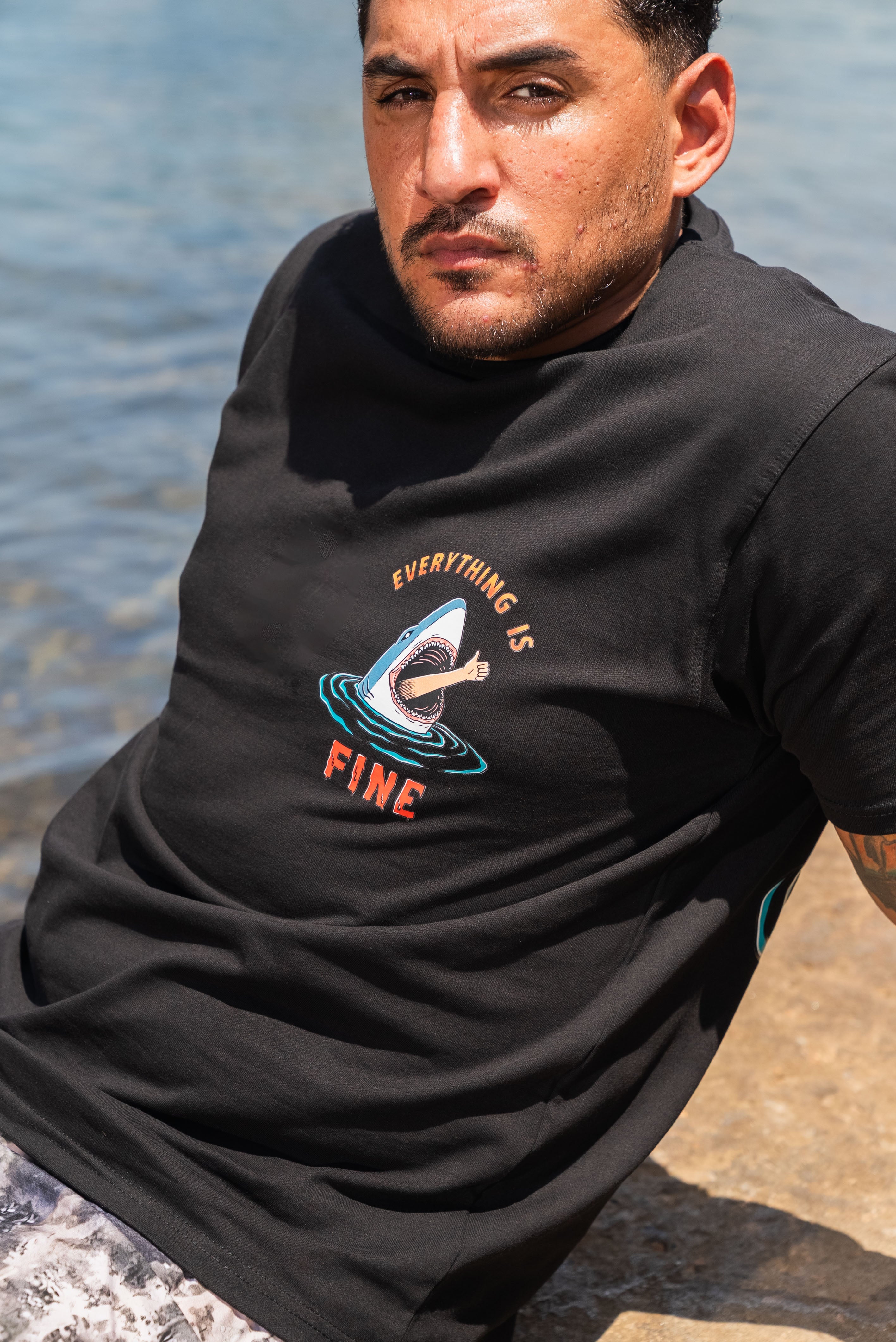 “Everything Is Fine” Shark Tee in Black