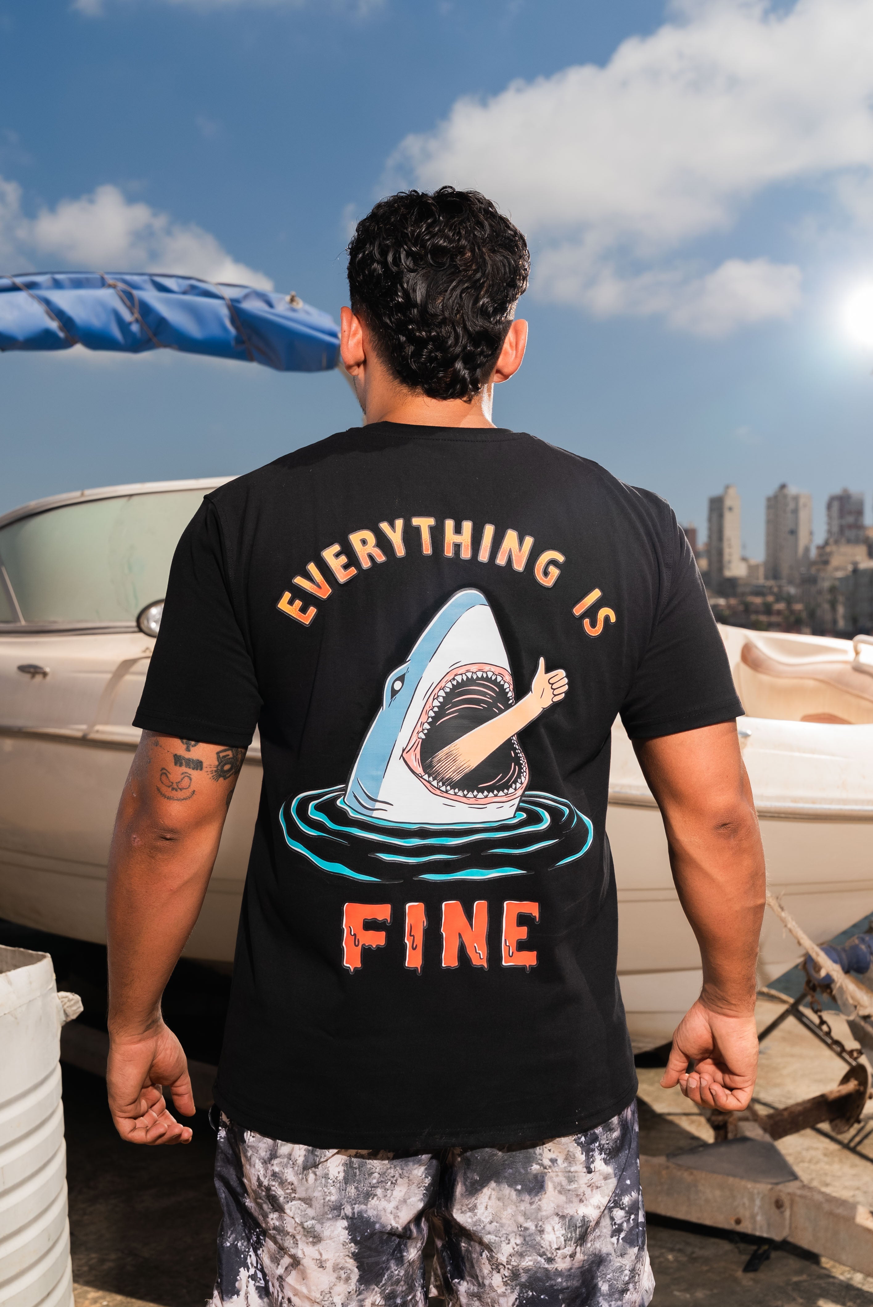 “Everything Is Fine” Shark Tee in Black